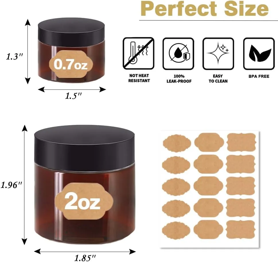 2oz Plastic Jars with Lids 2 oz Amber Plastic Containers with Lids   20g Sample Containers (Set of 48) Airtight Container for Dry Food, Peanut Butter, Cream, Sugar Scrub, Slime  Free Labels & Spatulas