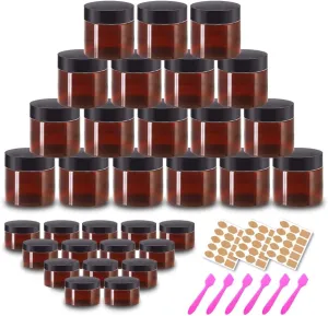 2oz Plastic Jars with Lids 2 oz Amber Plastic Containers with Lids   20g Sample Containers (Set of 48) Airtight Container for Dry Food, Peanut Butter, Cream, Sugar Scrub, Slime  Free Labels & Spatulas