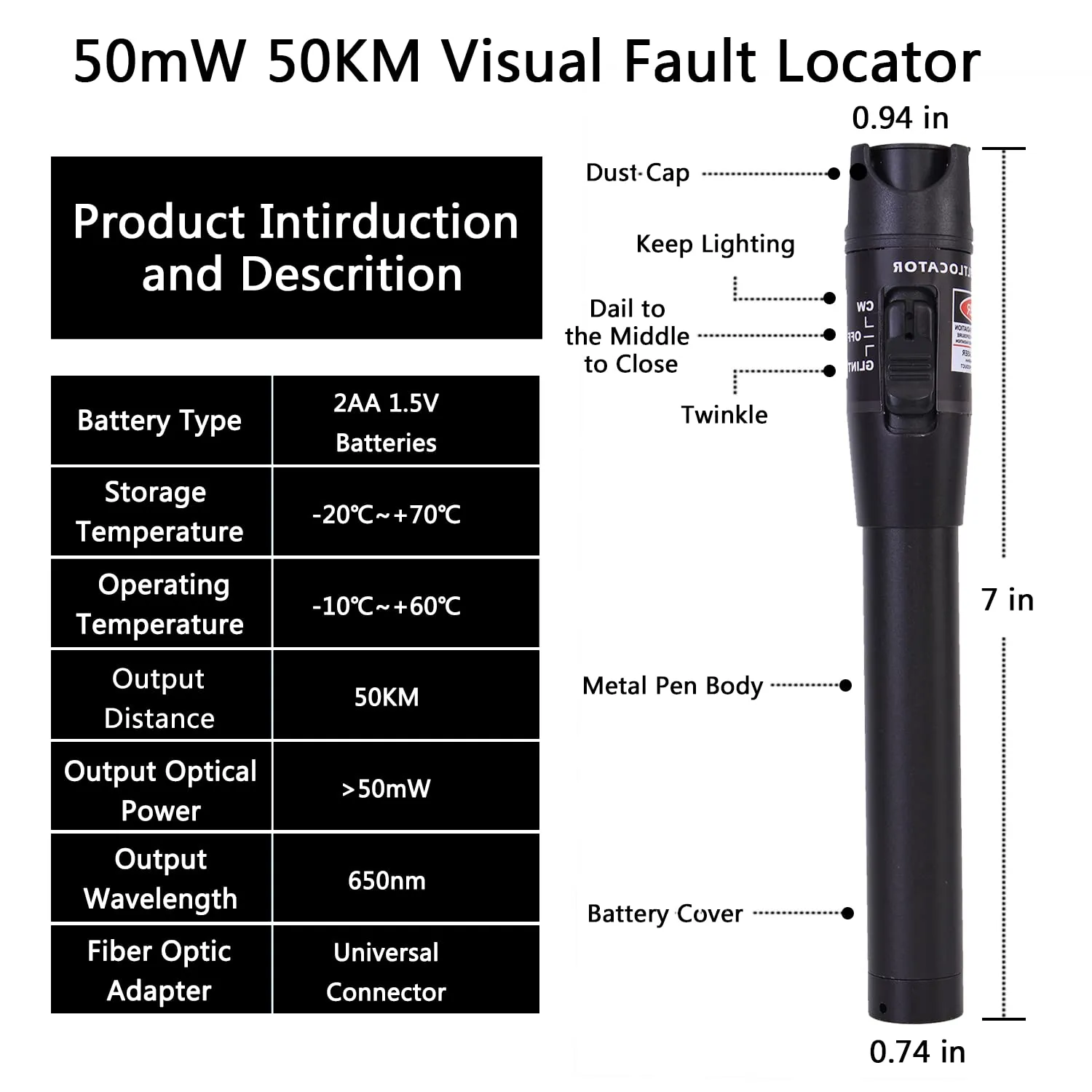 2PCS Visual Fault Locator 50mW Kit With FC to LC Adapter, VFL Fiber Optic Cable Tester 50KM, Red Light Pen for CATV, Telecommunications, and Engineering Maintenance