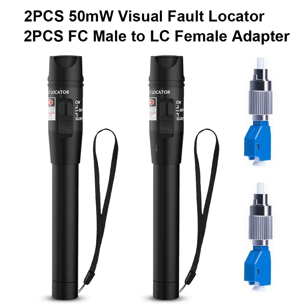 2PCS Visual Fault Locator 50mW Kit With FC to LC Adapter, VFL Fiber Optic Cable Tester 50KM, Red Light Pen for CATV, Telecommunications, and Engineering Maintenance