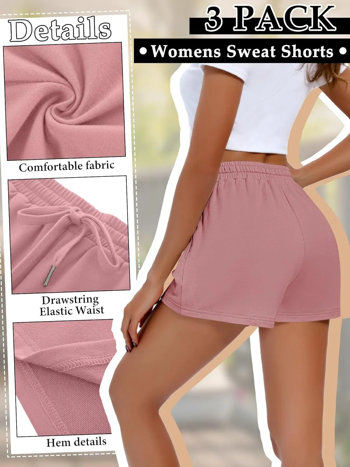 3 Pack Womens Sweat Shorts Drawstring High Waist Summer Athletic Loose Elastics Sweatpants with Pockets