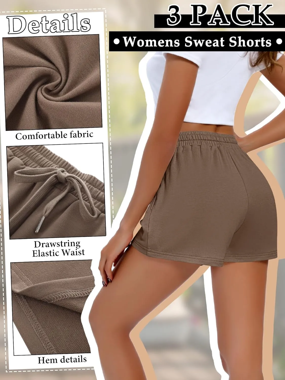 3 Pack Womens Sweat Shorts Drawstring High Waist Summer Athletic Loose Elastics Sweatpants with Pockets