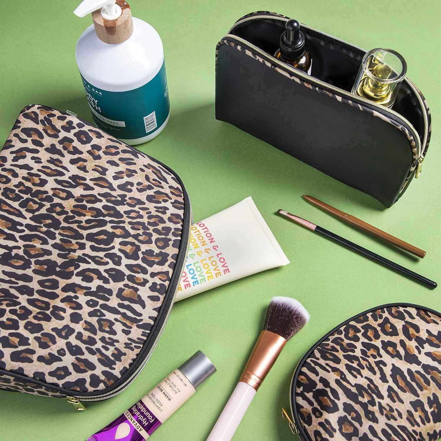 3 Pc Cosmetic Bag Set, Purse Size Makeup Bag for Women,Toiletry Travel Bag, Makeup Organizer,Cosmetic Bag for Girls Zippered Pouch Set, Large, Medium, Small (Brown and Black Leopard)