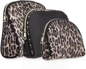 3 Pc Cosmetic Bag Set, Purse Size Makeup Bag for Women,Toiletry Travel Bag, Makeup Organizer,Cosmetic Bag for Girls Zippered Pouch Set, Large, Medium, Small (Brown and Black Leopard)