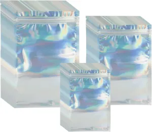300 Pack 3 Sizes Resealable Mylar Bags Food Storage Smell Proof Bags with Front Window Packaging Pouch for Sample Snack Cookies Jewelry (Holographic, 3 x 4.7 inch,4 x 6 inch,4.7 x 7.9 inch)