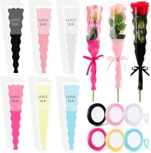 300 Pcs Single Flower Sleeves Wrapping Bags Bulk Love You Single Rose Sleeve Bouquet Bag Waterproof Plastic Florist Packaging Supplies with 6 Ribbon for Wedding Graduation Birthday Father's Day