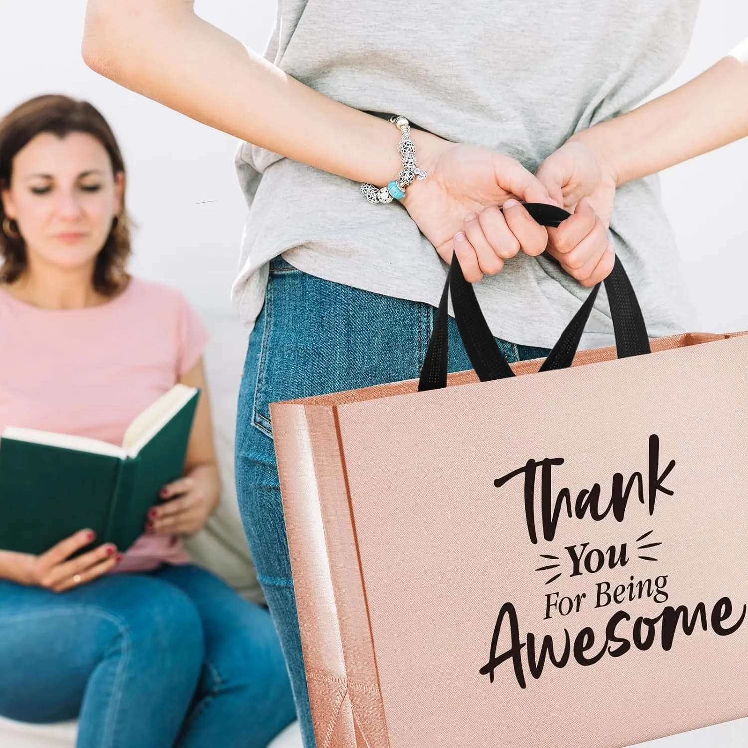 36 Pcs Large Thank You Reusable Gift Bags Employee Gift Bags Thank You for Being Awesome Team Gift Bag for Employee Teacher Student Coworker Secretary Assistant Gift(Rose Gold,15.7x12x6.3Inch)