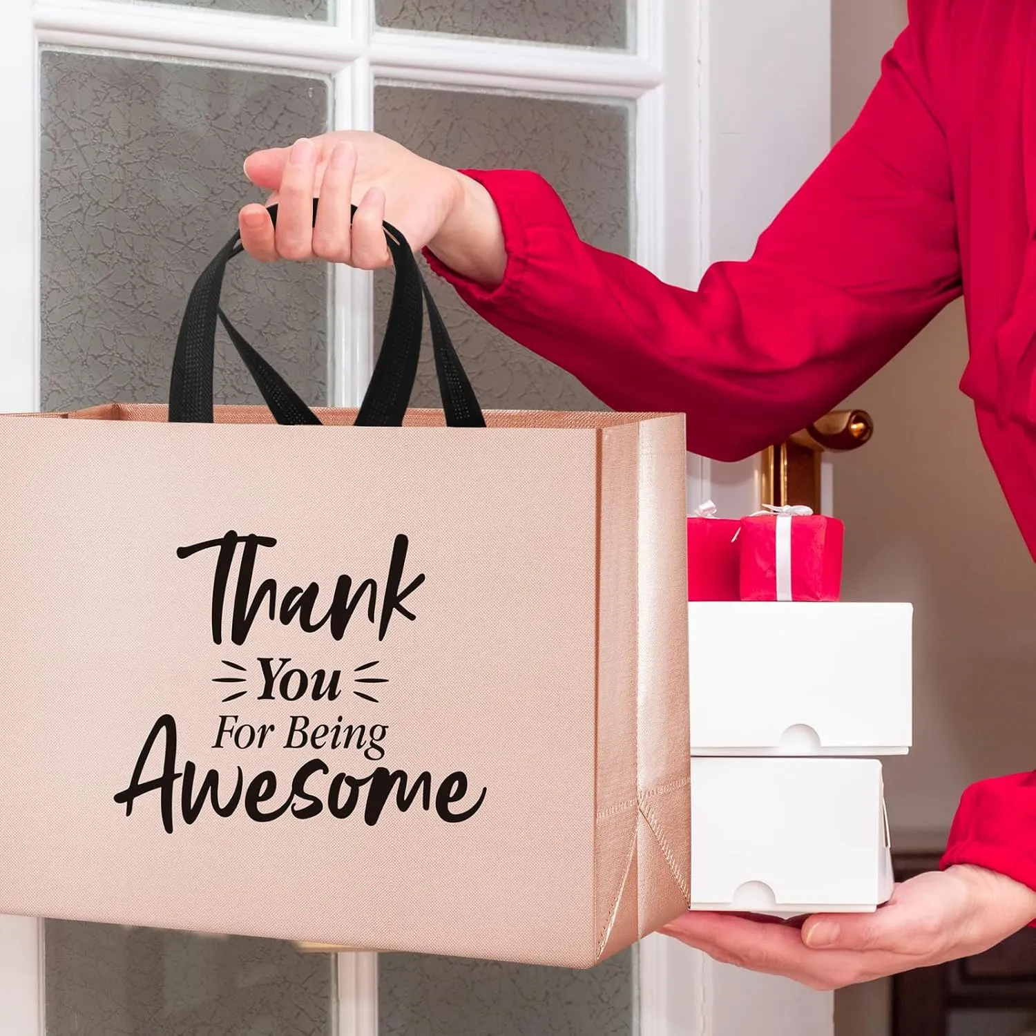 36 Pcs Large Thank You Reusable Gift Bags Employee Gift Bags Thank You for Being Awesome Team Gift Bag for Employee Teacher Student Coworker Secretary Assistant Gift(Rose Gold,15.7x12x6.3Inch)