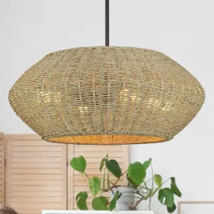 4-Light Rattan Chandelier for Dining Room, 20" Handwoven Seagrass Pendant Light, Brown Wicker Adjustable Hanging Rattan Light Fixture for Kitchen Island, Living Room, Bedroom, Entryway