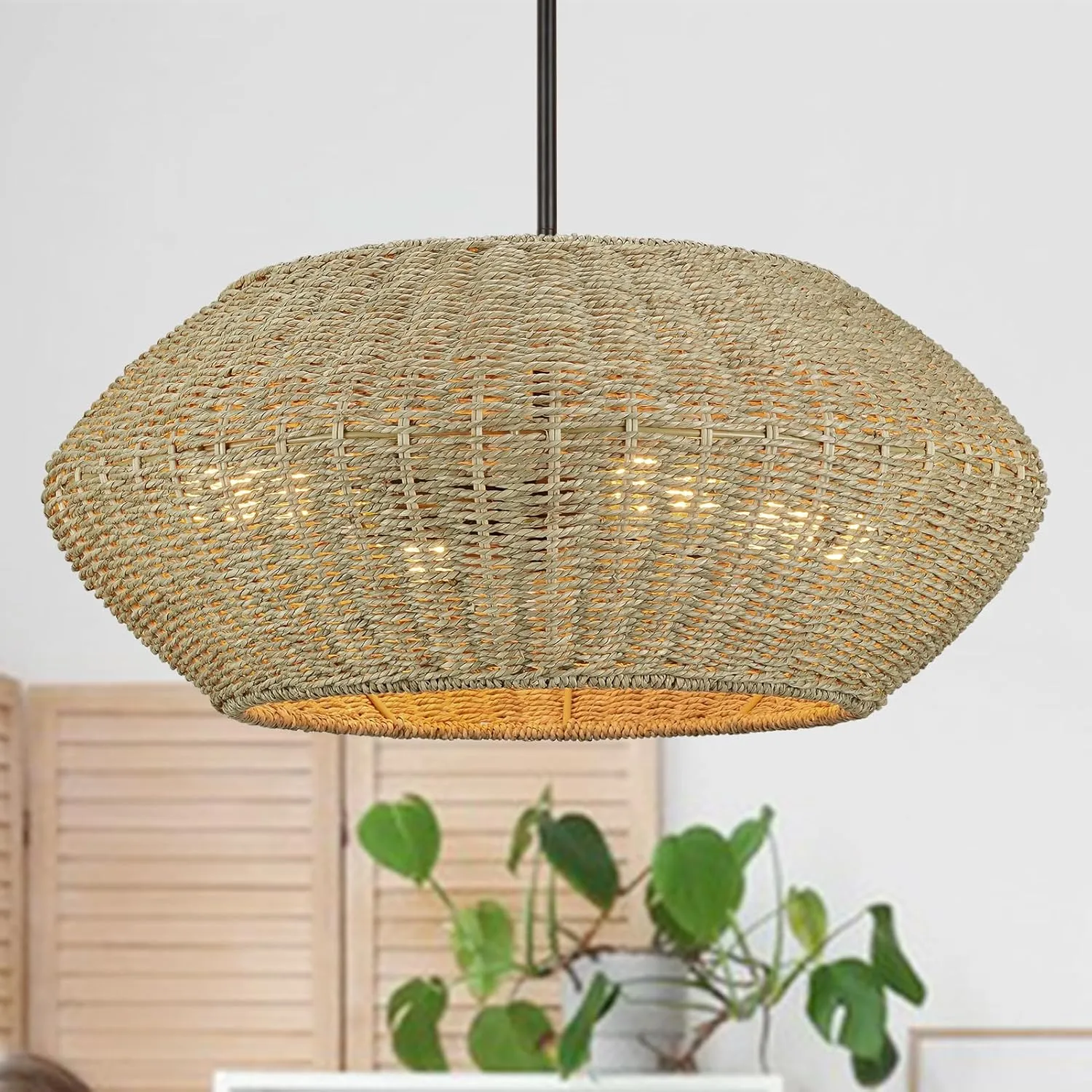 4-Light Rattan Chandelier for Dining Room, 20" Handwoven Seagrass Pendant Light, Brown Wicker Adjustable Hanging Rattan Light Fixture for Kitchen Island, Living Room, Bedroom, Entryway