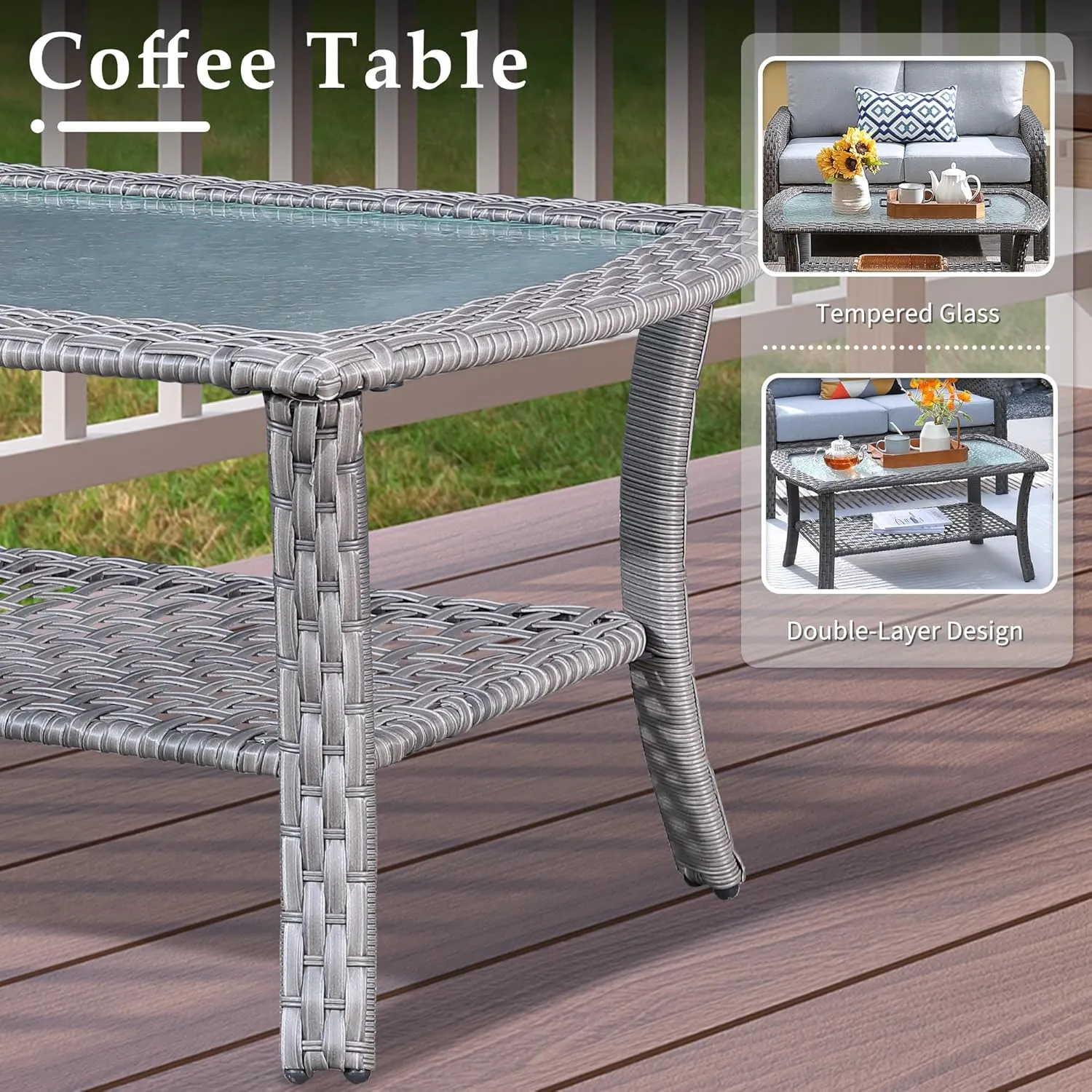 4-Piece Wicker Patio Furniture Set, All-Weather Rattan Conversation Bistro Loveseat Chair and Table Set for Backyard, Balcony and Deck with Soft Cushions and Metal Table(Gray)