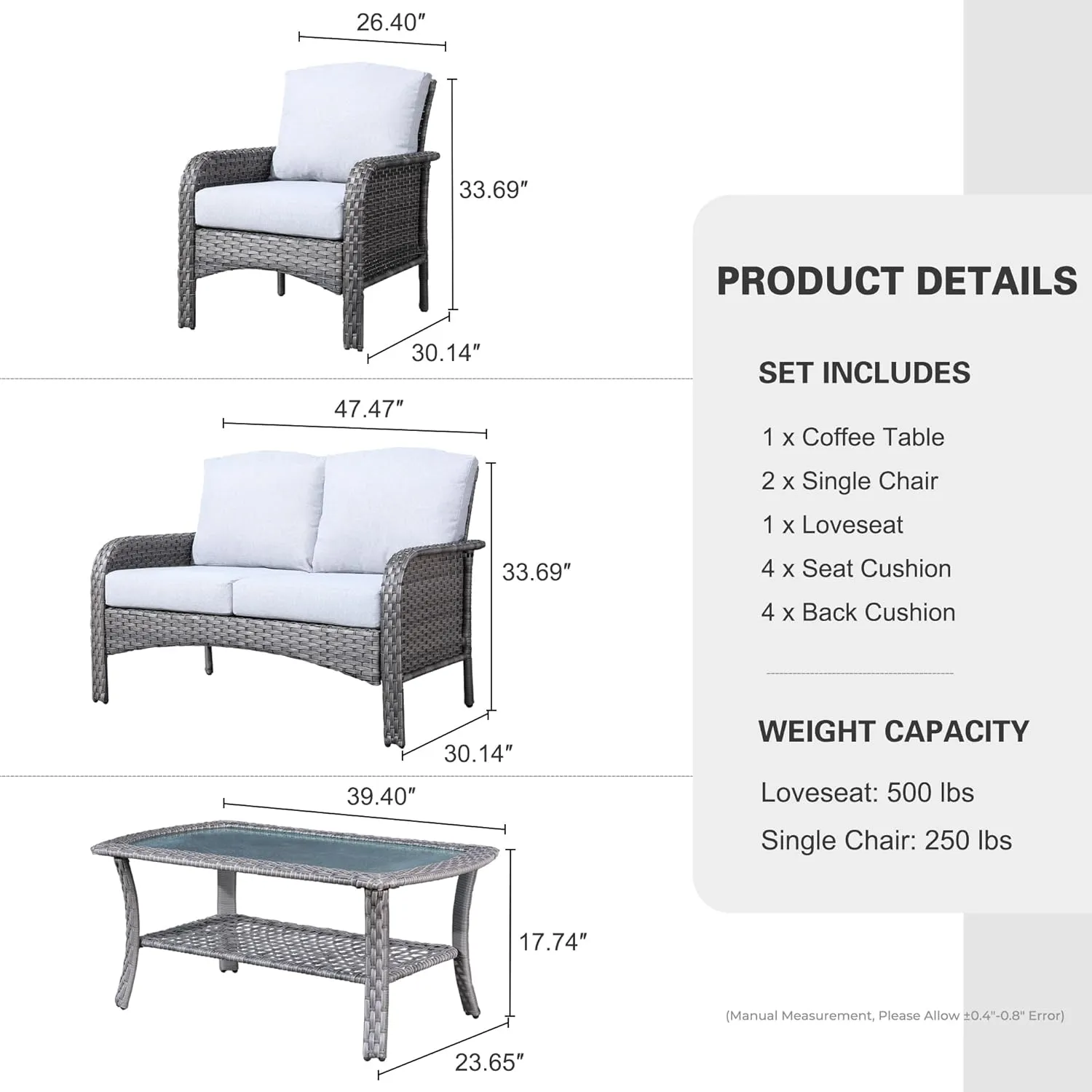 4-Piece Wicker Patio Furniture Set, All-Weather Rattan Conversation Bistro Loveseat Chair and Table Set for Backyard, Balcony and Deck with Soft Cushions and Metal Table(Gray)