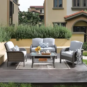 4-Piece Wicker Patio Furniture Set, All-Weather Rattan Conversation Bistro Loveseat Chair and Table Set for Backyard, Balcony and Deck with Soft Cushions and Metal Table(Gray)
