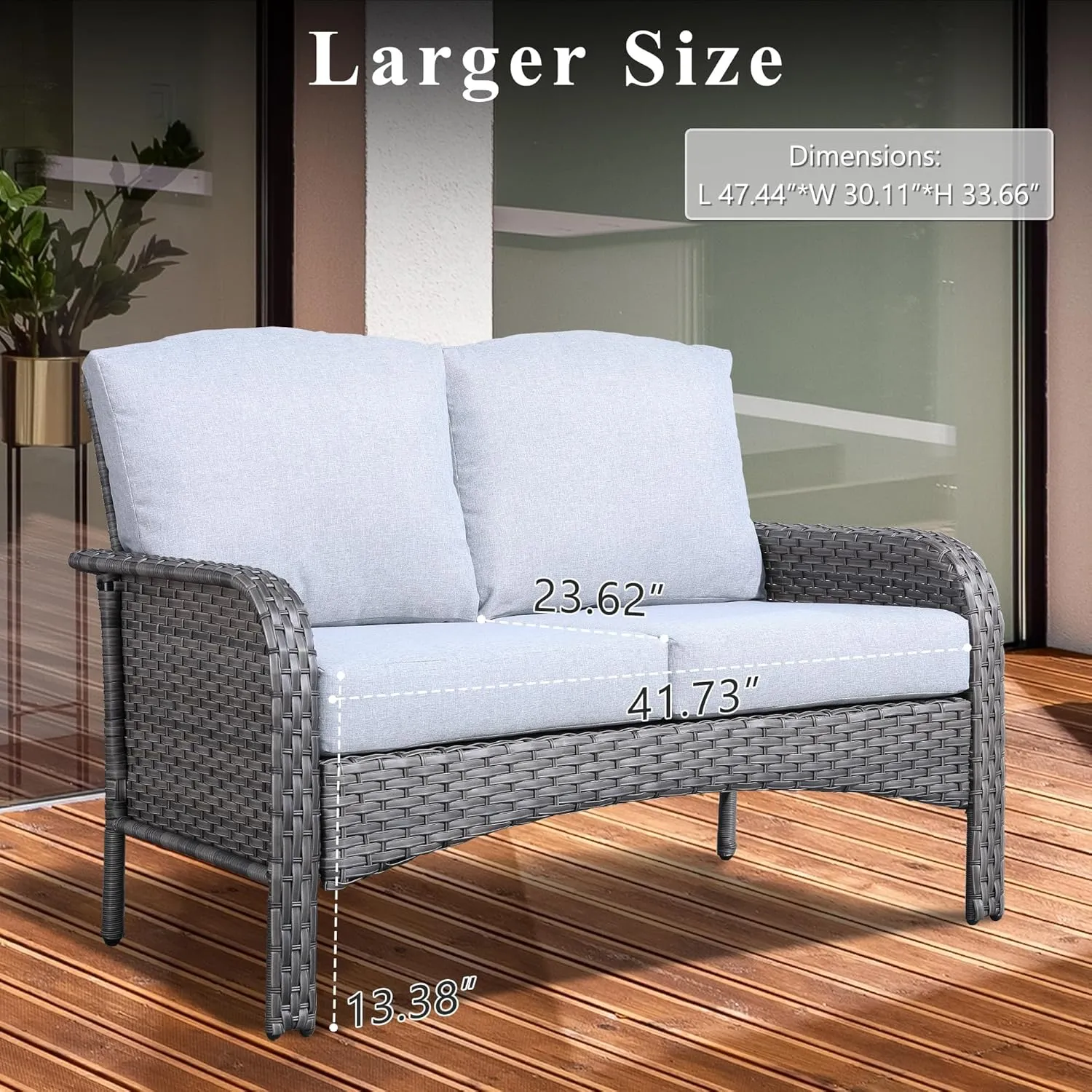4-Piece Wicker Patio Furniture Set, All-Weather Rattan Conversation Bistro Loveseat Chair and Table Set for Backyard, Balcony and Deck with Soft Cushions and Metal Table(Gray)