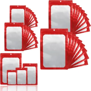 400 Pack 4 Size Bags with Clear Window,Scratch Resistant Hand Holographic Packaging Pouch,Resealable Bag for Small Bussiness Cookies Jewelry Candy Sample (Red, 2.4×3.9,3x4.7,4×7,5.5×7.9 inch)