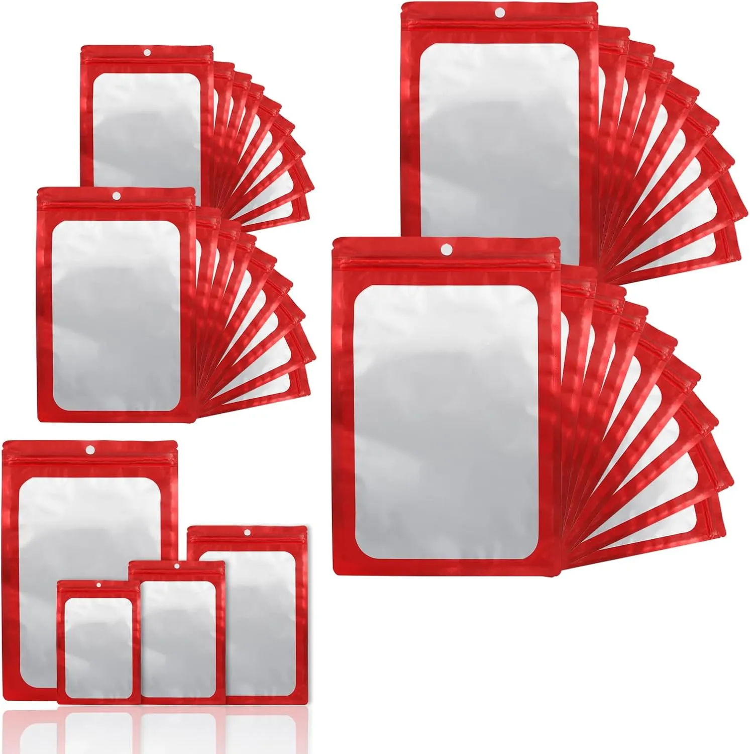 400 Pack 4 Size Bags with Clear Window,Scratch Resistant Hand Holographic Packaging Pouch,Resealable Bag for Small Bussiness Cookies Jewelry Candy Sample (Red, 2.4×3.9,3x4.7,4×7,5.5×7.9 inch)