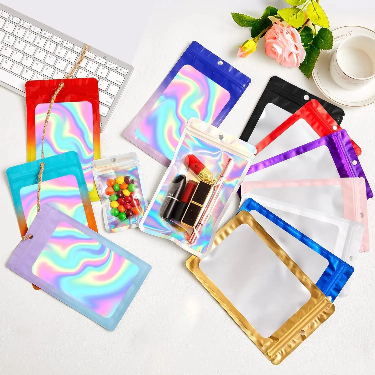 400 Pack 4 Size Bags with Clear Window,Scratch Resistant Hand Holographic Packaging Pouch,Resealable Bag for Small Bussiness Cookies Jewelry Candy Sample (Red, 2.4×3.9,3x4.7,4×7,5.5×7.9 inch)