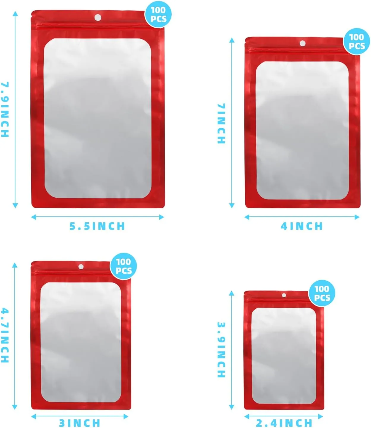 400 Pack 4 Size Bags with Clear Window,Scratch Resistant Hand Holographic Packaging Pouch,Resealable Bag for Small Bussiness Cookies Jewelry Candy Sample (Red, 2.4×3.9,3x4.7,4×7,5.5×7.9 inch)