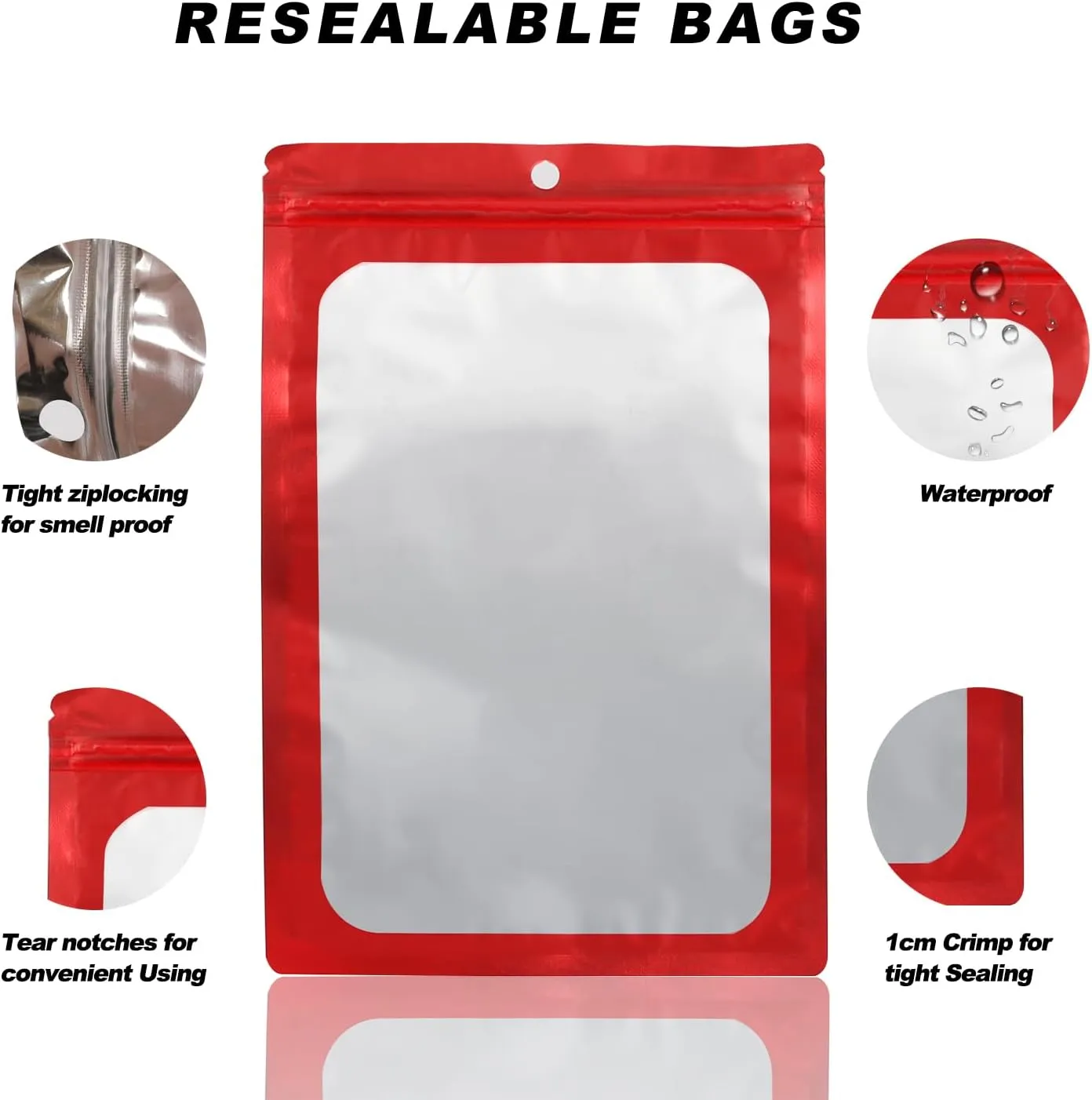 400 Pack 4 Size Bags with Clear Window,Scratch Resistant Hand Holographic Packaging Pouch,Resealable Bag for Small Bussiness Cookies Jewelry Candy Sample (Red, 2.4×3.9,3x4.7,4×7,5.5×7.9 inch)