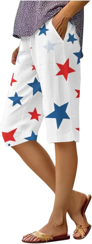 4th of July Capri Shorts for Women Independence Day Linen Capris for Women Summer Wide Leg Loose Elastic Waist Trouser