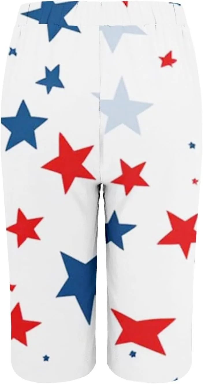 4th of July Capri Shorts for Women Independence Day Linen Capris for Women Summer Wide Leg Loose Elastic Waist Trouser