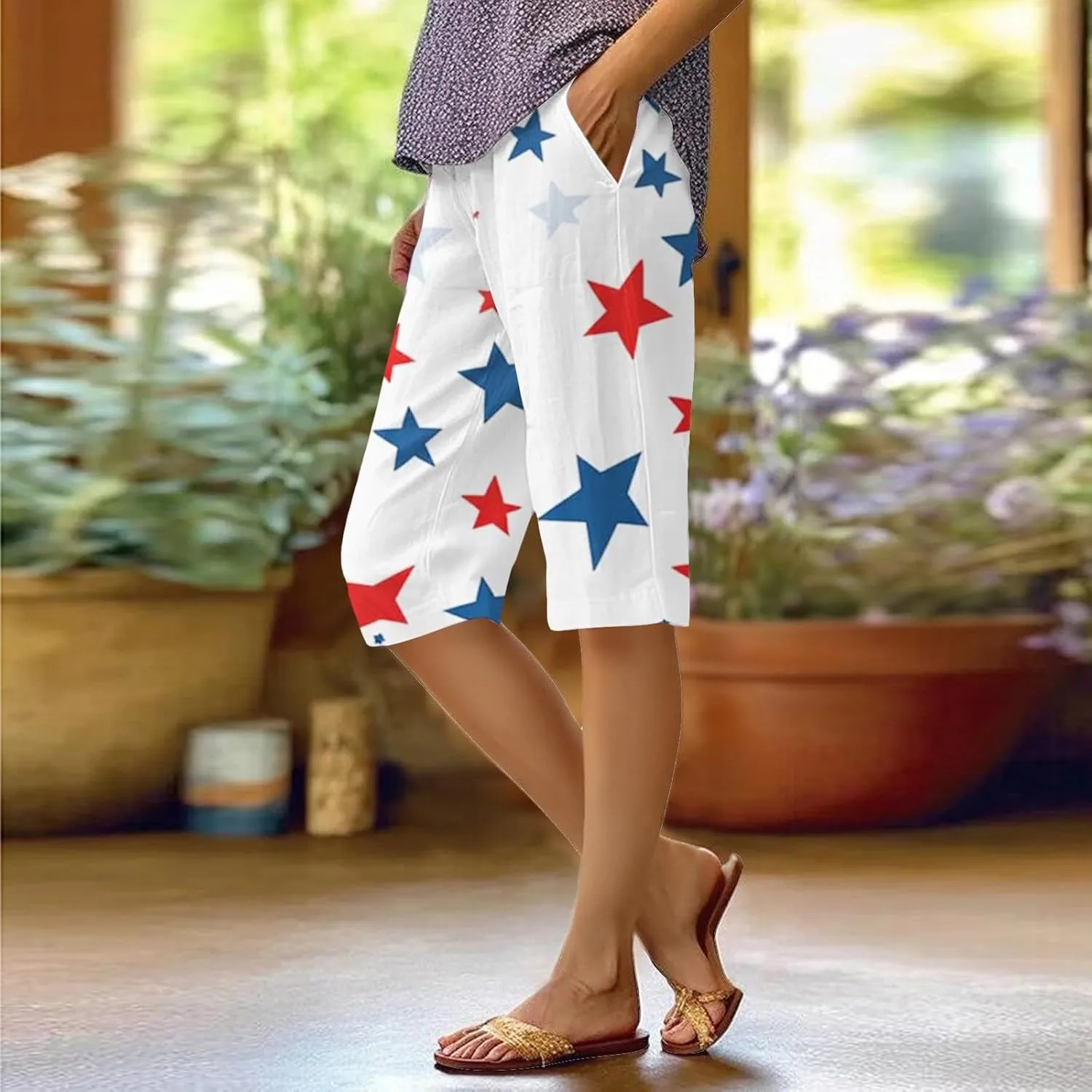 4th of July Capri Shorts for Women Independence Day Linen Capris for Women Summer Wide Leg Loose Elastic Waist Trouser