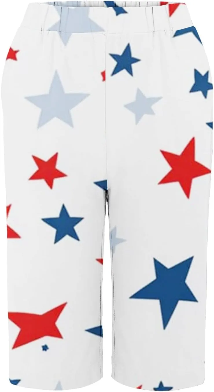 4th of July Capri Shorts for Women Independence Day Linen Capris for Women Summer Wide Leg Loose Elastic Waist Trouser