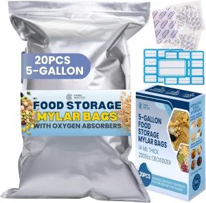 5 Gallon Mylar Bags For Food Storage with Ziplock -20pcs 14Mil Extra Thick For Long Term Storing, Dry Aging & Heat Vacuum Seal, 17x26" Large Resealable Myler Bag, 2000cc Oxygen Absorbers & Labels Pack