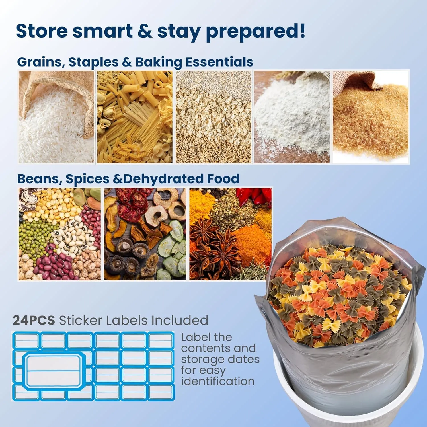 5 Gallon Mylar Bags For Food Storage with Ziplock -20pcs 14Mil Extra Thick For Long Term Storing, Dry Aging & Heat Vacuum Seal, 17x26" Large Resealable Myler Bag, 2000cc Oxygen Absorbers & Labels Pack