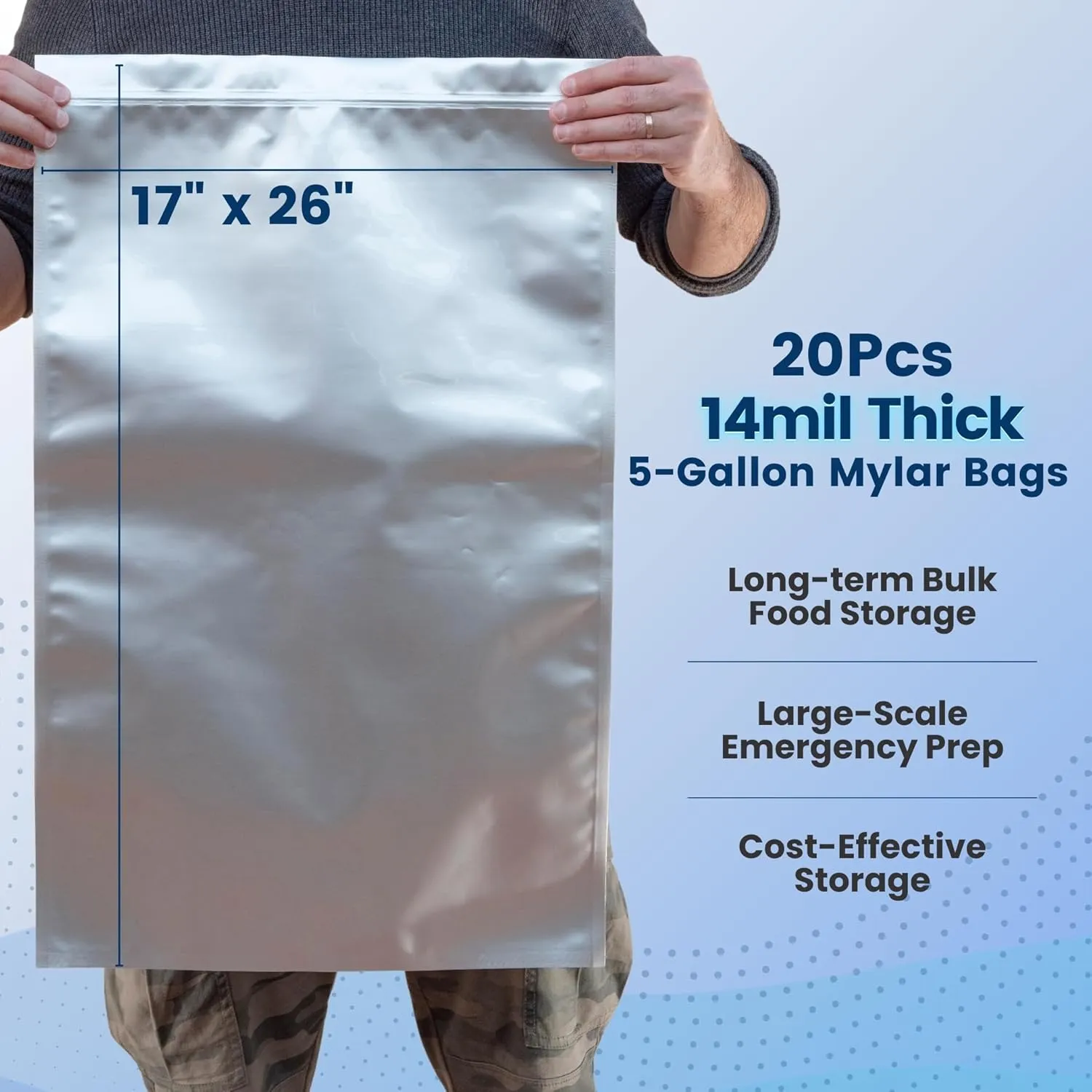 5 Gallon Mylar Bags For Food Storage with Ziplock -20pcs 14Mil Extra Thick For Long Term Storing, Dry Aging & Heat Vacuum Seal, 17x26" Large Resealable Myler Bag, 2000cc Oxygen Absorbers & Labels Pack