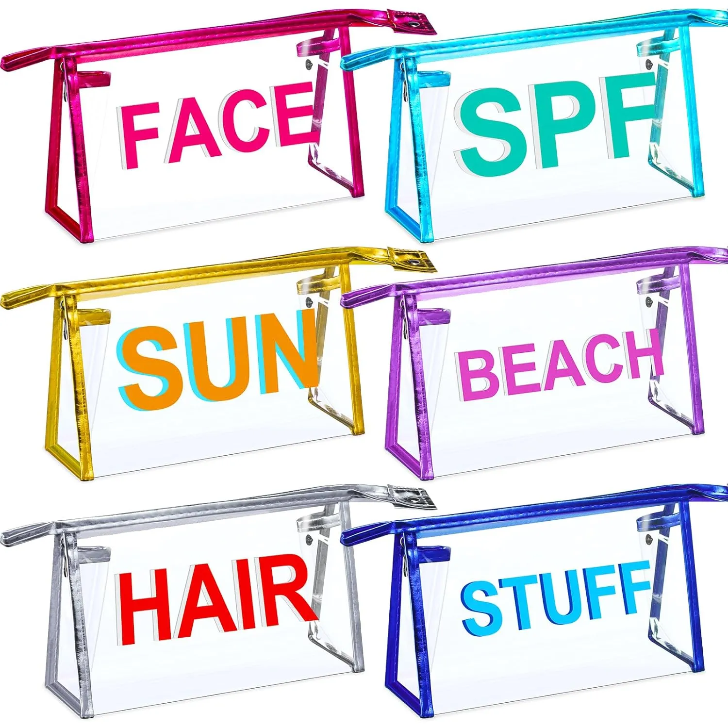 6 Pcs Clear Makeup Bag Set Spf Sun Zipper Pouch Hair Face Skin Stuff Travel Bags Waterproof Letter Bag Preppy Toiletry Cosmetic Organizers for Women