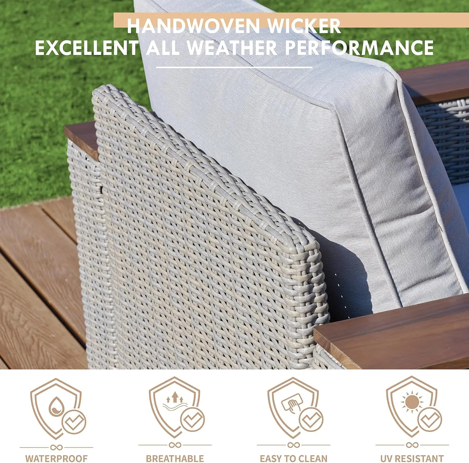 6-Piece Patio Furniture Set, Wicker Patio Conversation Set with Solid Wood Armrests &Thick Legs, UV-Resistant Outdoor Sectional Sofa for Backyard, Porch, Garden(88" 63" 37")
