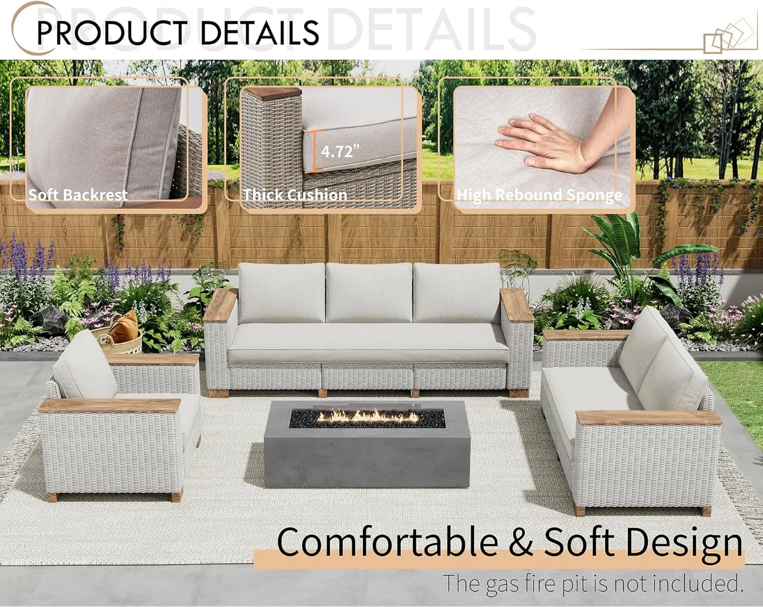 6-Piece Patio Furniture Set, Wicker Patio Conversation Set with Solid Wood Armrests &Thick Legs, UV-Resistant Outdoor Sectional Sofa for Backyard, Porch, Garden(88" 63" 37")