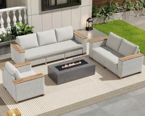 6-Piece Patio Furniture Set, Wicker Patio Conversation Set with Solid Wood Armrests &Thick Legs, UV-Resistant Outdoor Sectional Sofa for Backyard, Porch, Garden(88" 63" 37")