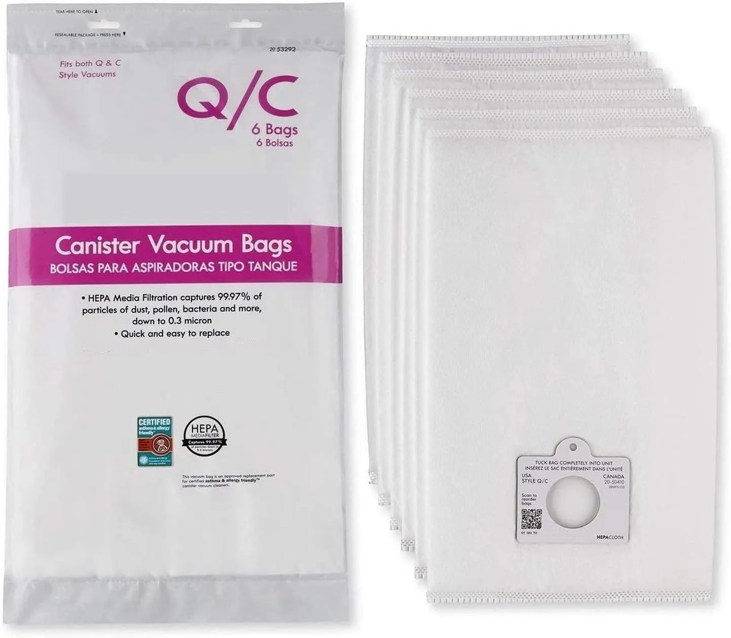 6 Style Q/C 53292 Hepa Filtration Bags. Compatible with Kenmore Elite, Intuition, Progressive, 200 400 600 700 800 Series Canister Vacuum Cleaners. Replaces Part # 5055 50104 50557 50558 53291 (white)