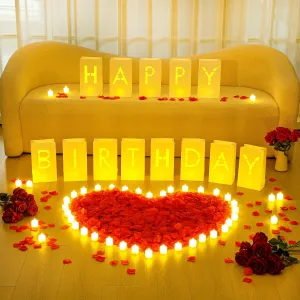 6085 Pcs Happy Birthday Light Up Letters with LED Flameless Tealight Candle Red Rose Petal Letter Luminary Paper Bag for Decoration Party Romantic Night Decor for Women Men