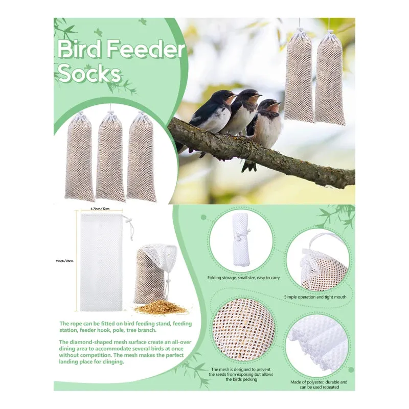 6pcs/set Bird Feeders Food Net Bag Birds Hanging Bags Drawstring Mesh Feeding Socks White Drawstring Bag To Hang Food Net Bag