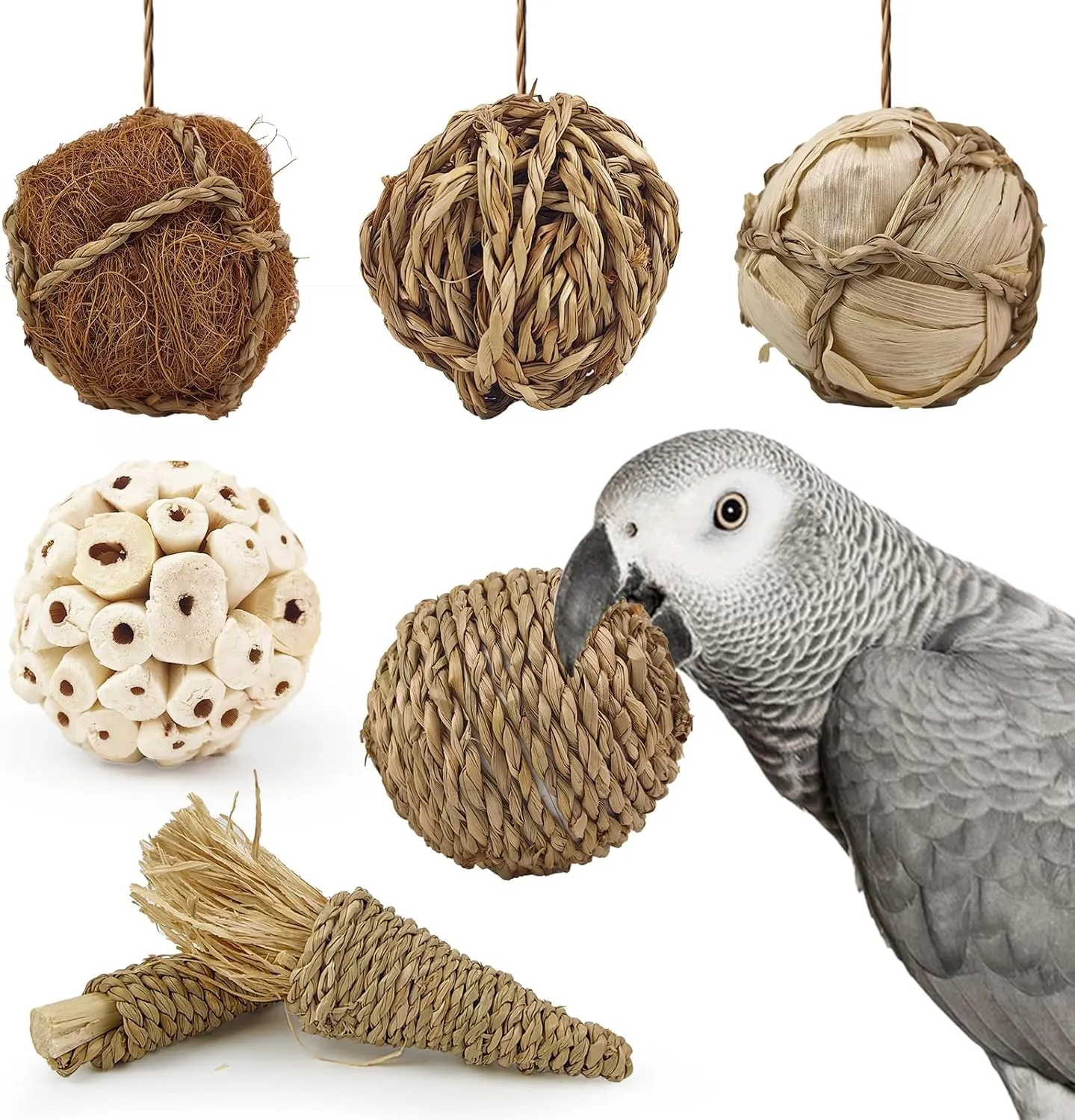 7Pcs Bird Toy Large Chewing Balls - Natural Soft Chew Shredding & Foraging Toy for Cockatiel Conure Quaker Parrot Budgie Parakeet Rabbit Bunny Guinea Pig Chinchilla