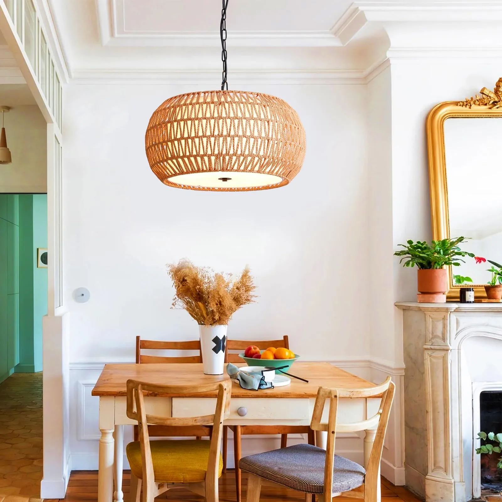 7PMBEANE 18.9" Rattan Farmhouse Chandelier for Dining Room, 5-Lights Hand Woven Wicker Boho Pendant Light with Fabric Shade, Rustic Light Fixture for Kitchen Island, Bedroom, Living Room