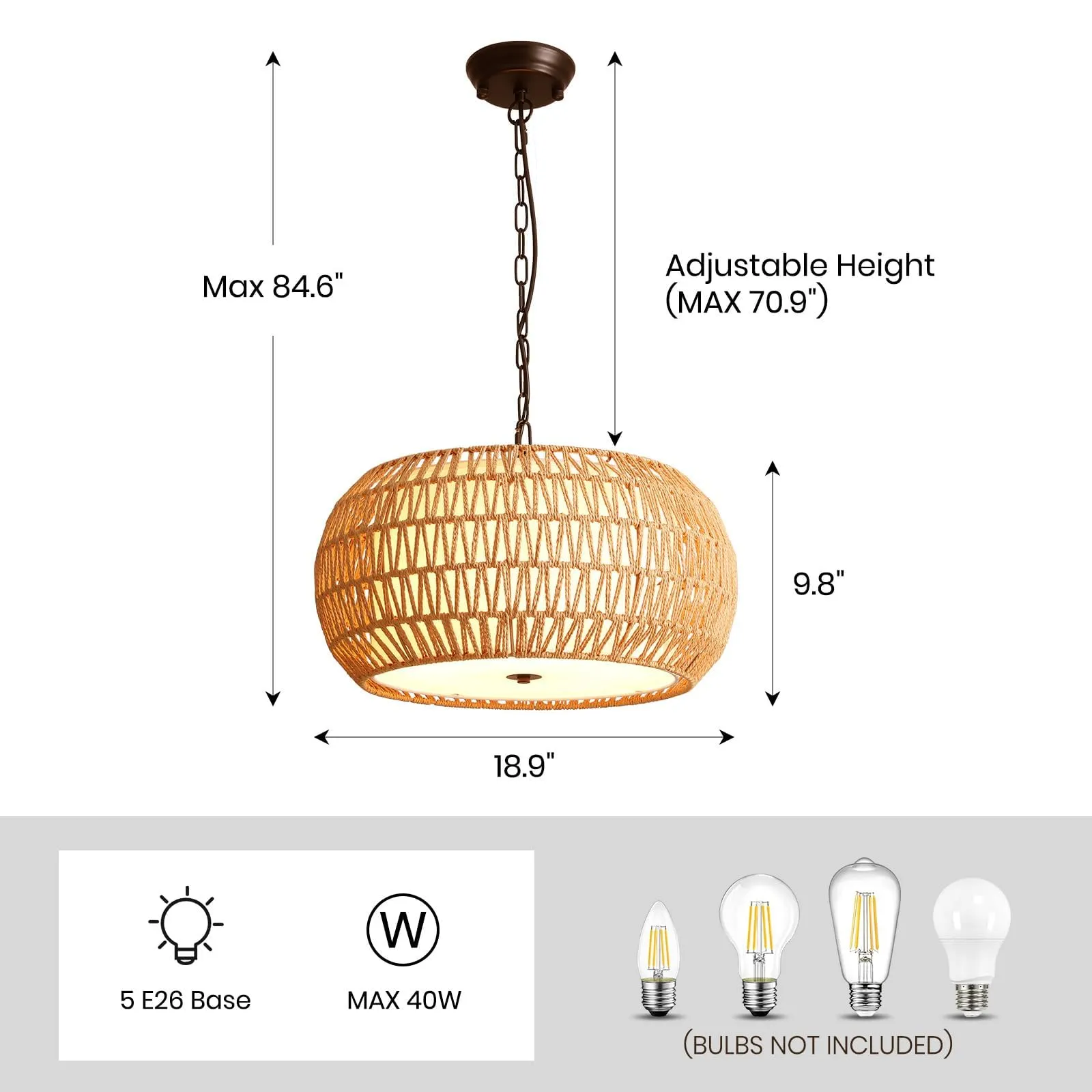 7PMBEANE 18.9" Rattan Farmhouse Chandelier for Dining Room, 5-Lights Hand Woven Wicker Boho Pendant Light with Fabric Shade, Rustic Light Fixture for Kitchen Island, Bedroom, Living Room