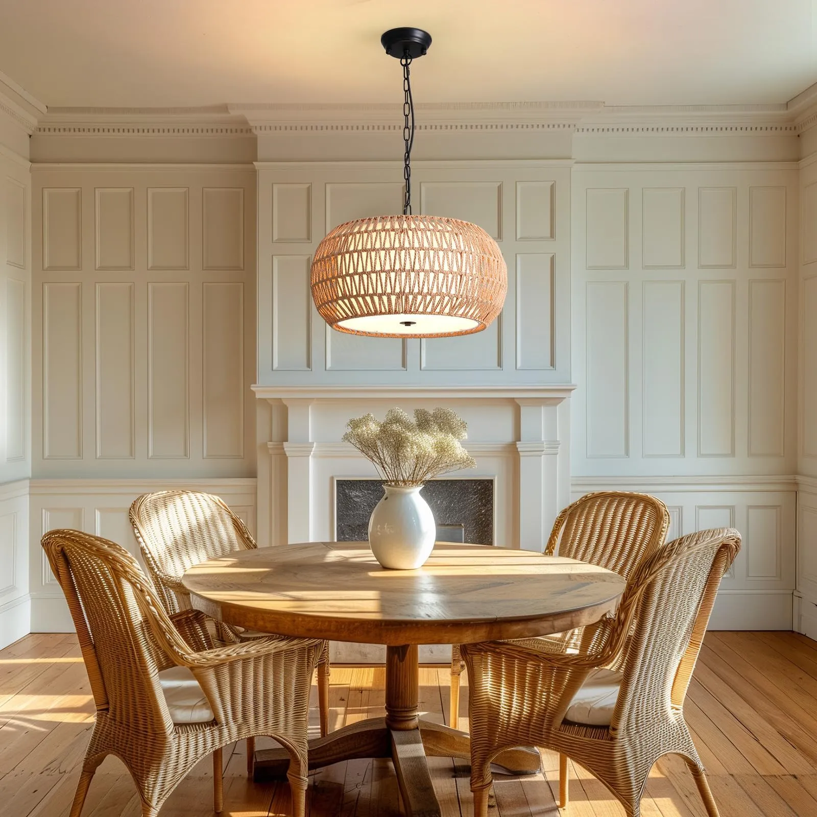 7PMBEANE 18.9" Rattan Farmhouse Chandelier for Dining Room, 5-Lights Hand Woven Wicker Boho Pendant Light with Fabric Shade, Rustic Light Fixture for Kitchen Island, Bedroom, Living Room