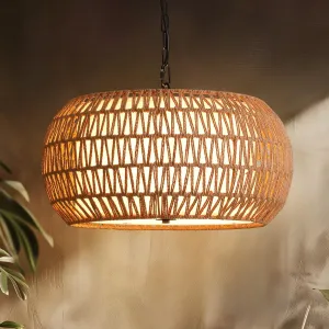 7PMBEANE 18.9" Rattan Farmhouse Chandelier for Dining Room, 5-Lights Hand Woven Wicker Boho Pendant Light with Fabric Shade, Rustic Light Fixture for Kitchen Island, Bedroom, Living Room