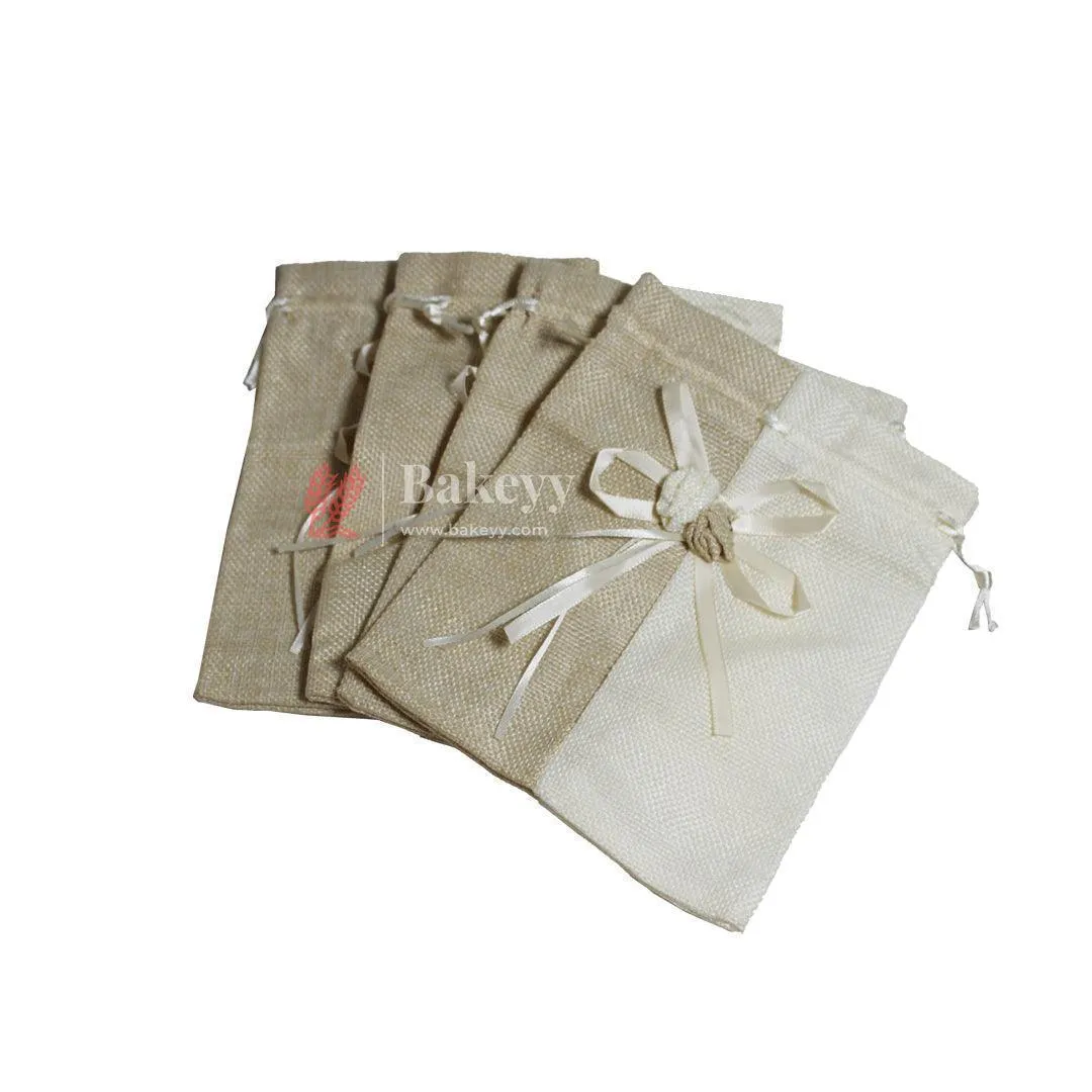 9x13cm| Beige & Cream Jute Potli Bag with Floral Accent | Traditional Potli Bag | Wedding Favor Bag | Jewelry Pouch | Floral Accent Gift Bag | Pack of 10