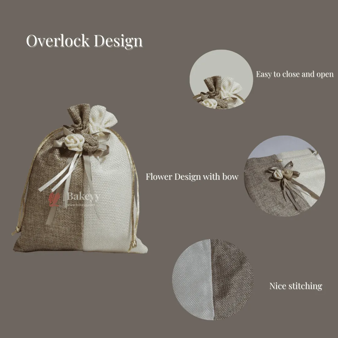 9x13cm| Natural & Cream Jute Potli Bag with Floral Accent | Traditional Potli Bag | Wedding Favor Bag | Jewelry Pouch | Floral Accent Gift Bag | Pack of 10