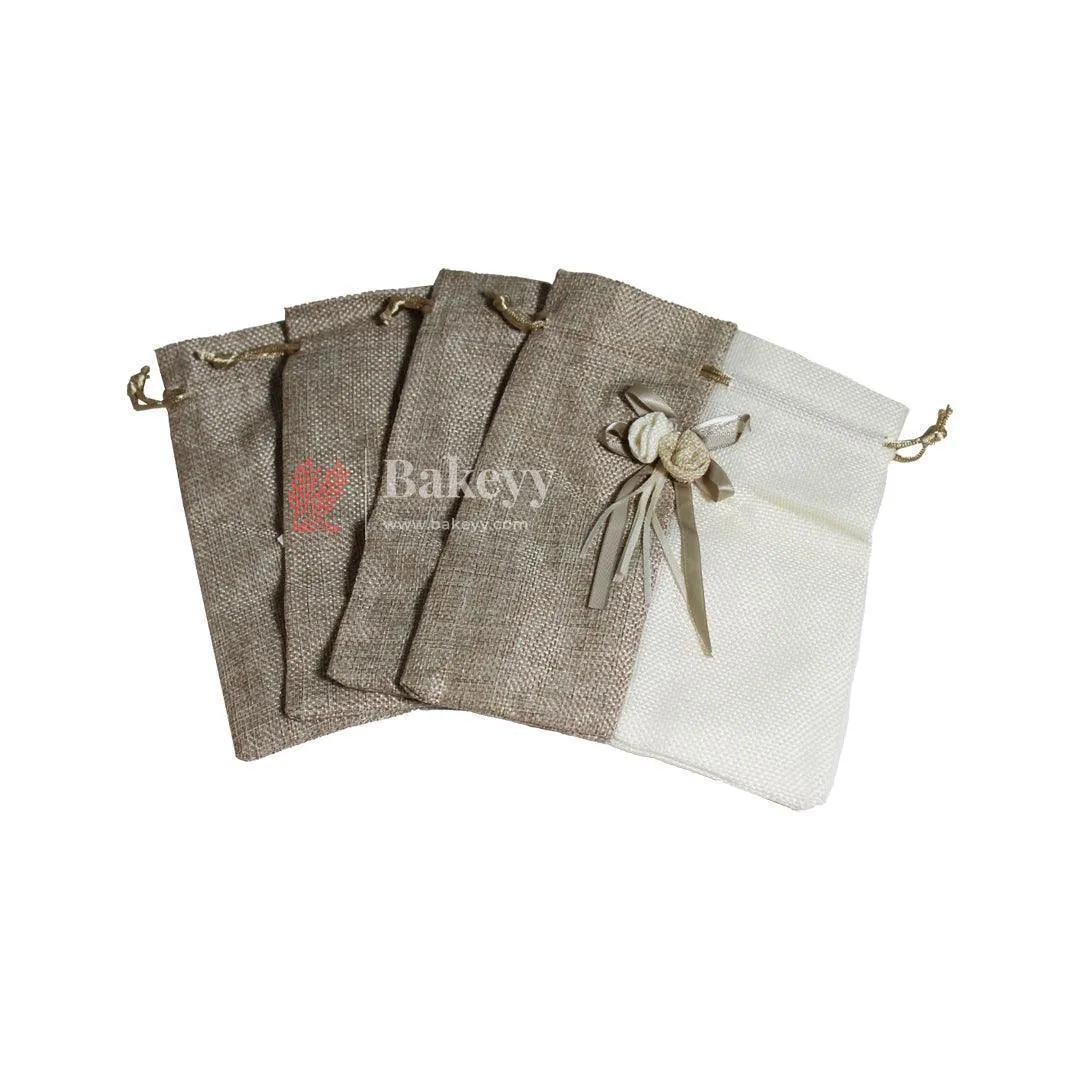 9x13cm| Natural & Cream Jute Potli Bag with Floral Accent | Traditional Potli Bag | Wedding Favor Bag | Jewelry Pouch | Floral Accent Gift Bag | Pack of 10