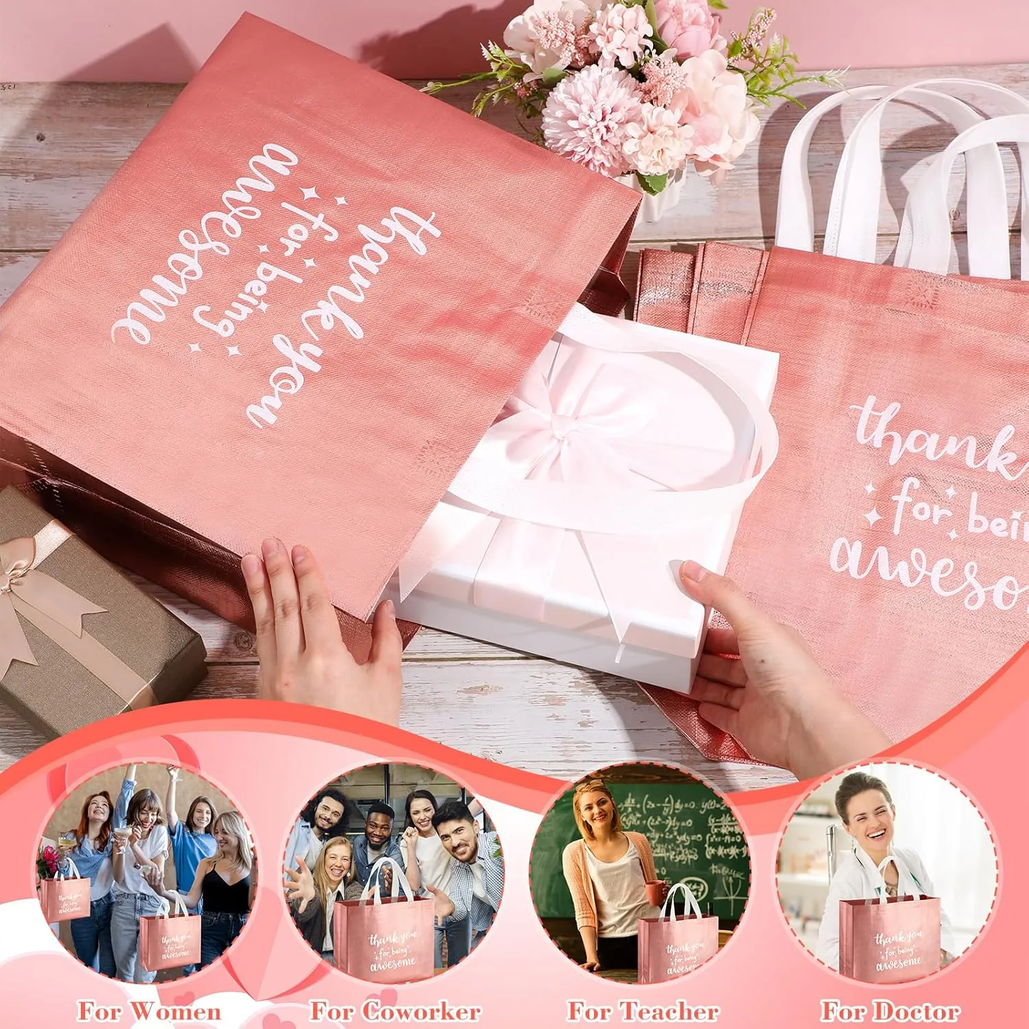 Abbylike 24 Pcs Thank You Gift Bags Bulk, Reusable Employee Appreciation Gift Bags with Handle for Women Staff Team Volunteer Workers Goodie, Birthday Graduation Party Favors(Rose Gold)