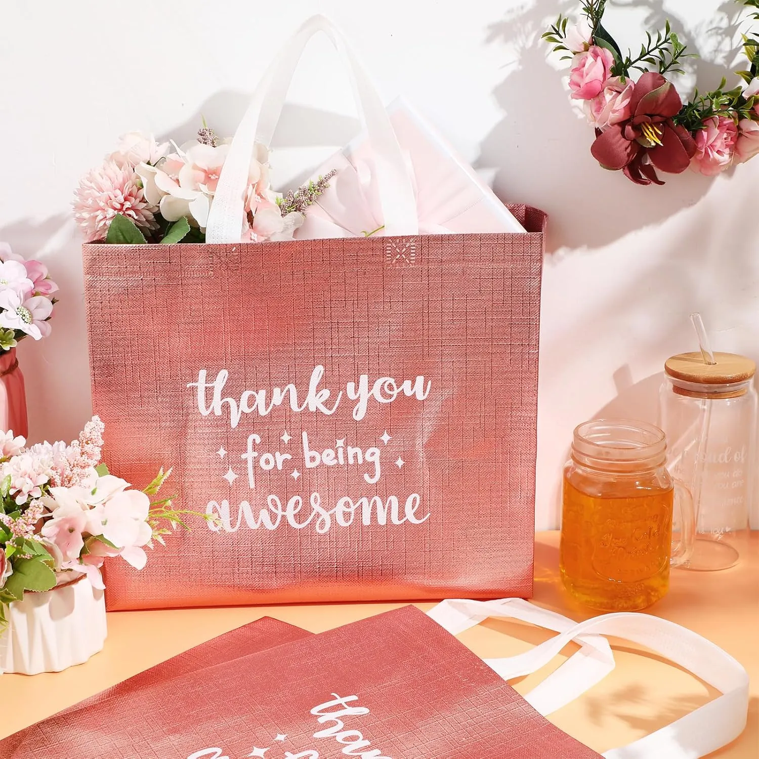 Abbylike 24 Pcs Thank You Gift Bags Bulk, Reusable Employee Appreciation Gift Bags with Handle for Women Staff Team Volunteer Workers Goodie, Birthday Graduation Party Favors(Rose Gold)