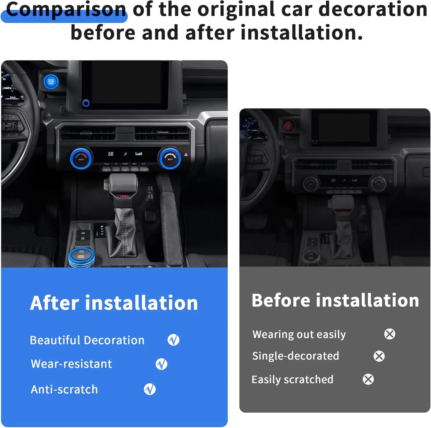 Accessories for Toyota Tacoma 2024 2025 & 4Runner 2025 with 8’’Screen - 4WD Trailer Gear Switch, A/C Ctrl, Volume Adjustment Knob Cover, Push Start Button Cover/Ring 6pcs/Set (Blue)