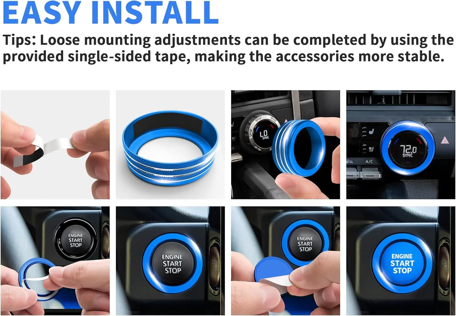 Accessories for Toyota Tacoma 2024 2025 & 4Runner 2025 with 8’’Screen - 4WD Trailer Gear Switch, A/C Ctrl, Volume Adjustment Knob Cover, Push Start Button Cover/Ring 6pcs/Set (Blue)