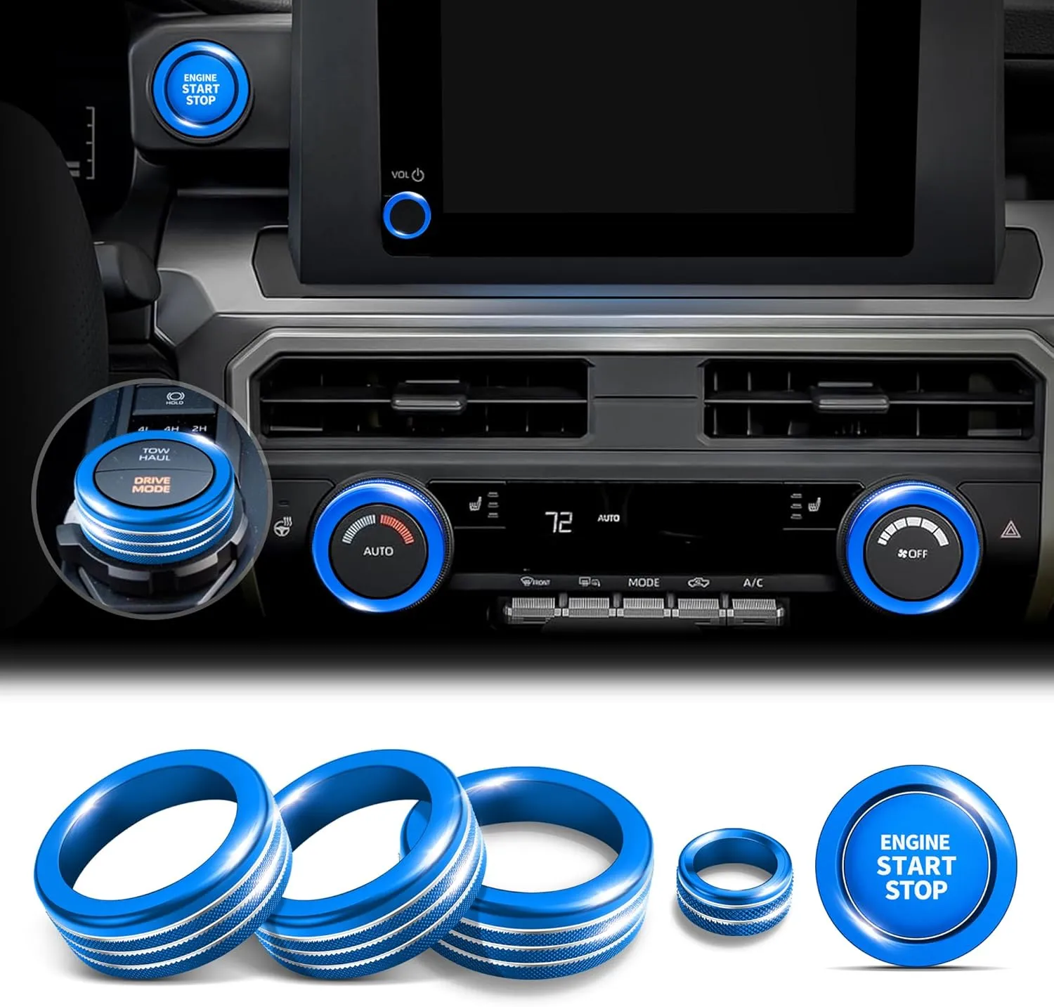 Accessories for Toyota Tacoma 2024 2025 & 4Runner 2025 with 8’’Screen - 4WD Trailer Gear Switch, A/C Ctrl, Volume Adjustment Knob Cover, Push Start Button Cover/Ring 6pcs/Set (Blue)